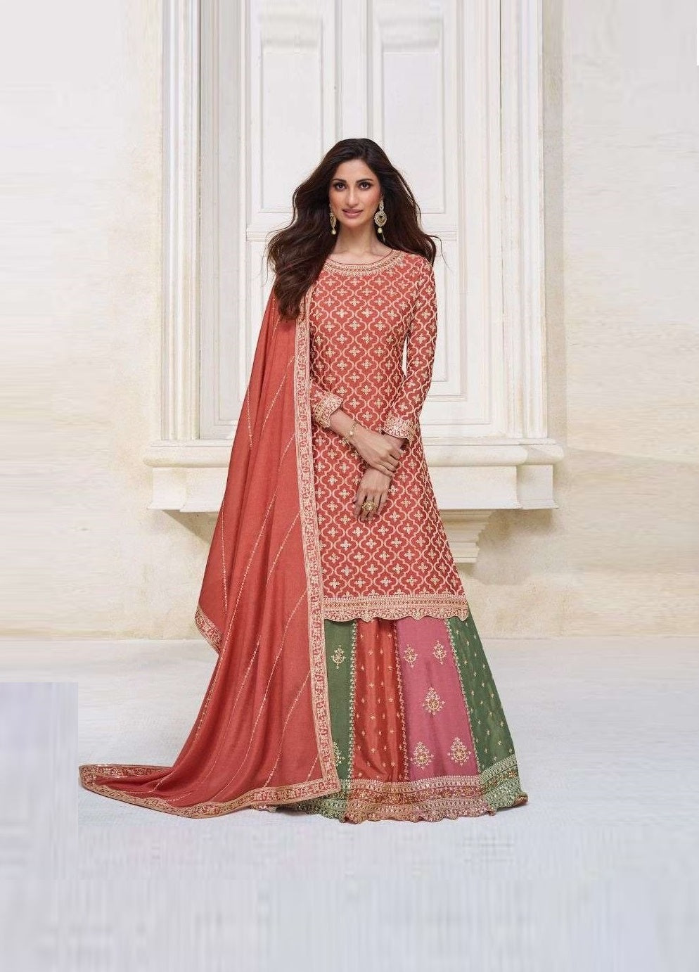 Unstitched Heavy Embroidered Chinnon Salwar Kameez Designer