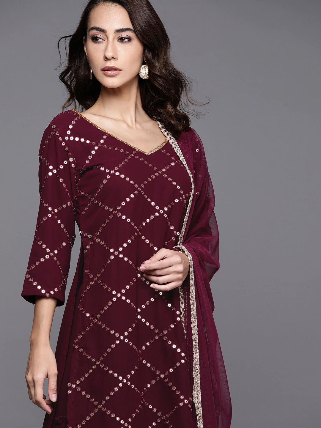 Women Burgundy Kurta and Palazzo Set with Dupatta