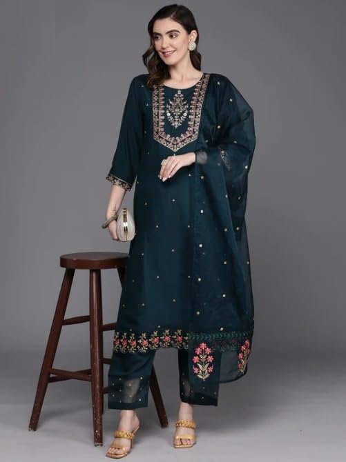 Women Embroidered Kurta Palazzo Set with Dupatta | Ladies Top Kurti Kameez with Bottom Pant | Traditional Festive Party Dress Ready to Wear