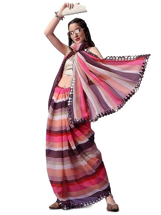 Women Georgette Saree with Unstitched Blouse Piece | Multicolor Traditional Wedding Festival Dress