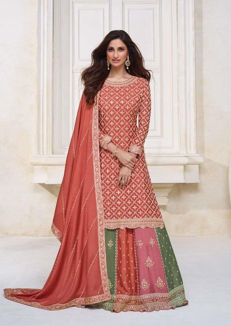 Unstitched Heavy Embroidered Chinnon Salwar Kameez | Designer Kurta Trouser Set with Dupatta | Traditional Festival Dress Material