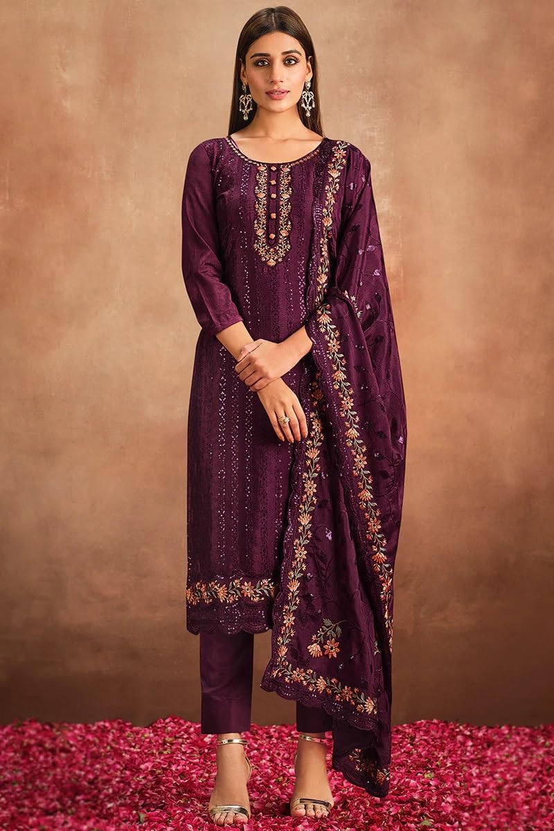 Unstitched Heavy Embroidered Chinnon Salwar Suit Designer Kurta