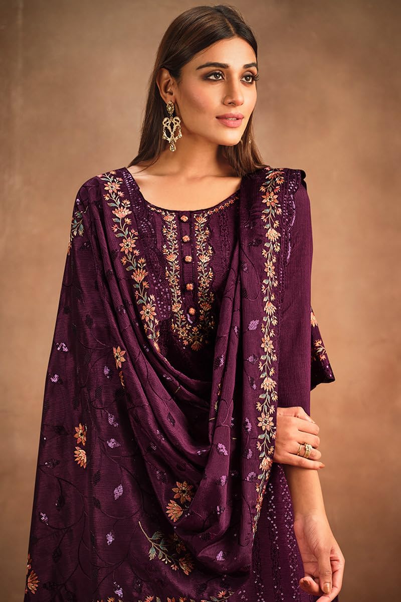 Unstitched Heavy Embroidered Chinnon Salwar Suit | Designer Kurta Trouser Set with Dupatta | Traditional Festival Dress Material