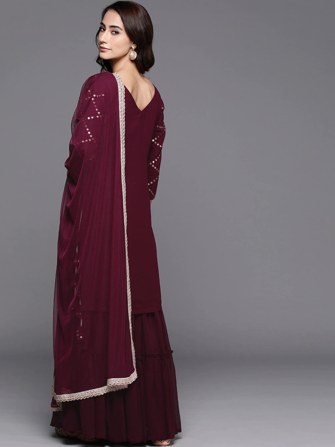 Women Burgundy Kurta and Palazzo Set with Dupatta