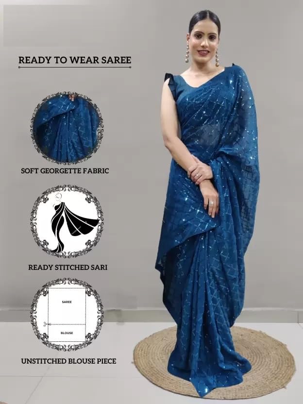 Ready to Wear Georgette Saree with Unstitched Blouse Piece | Women Festival Traditional Wedding Party Dress