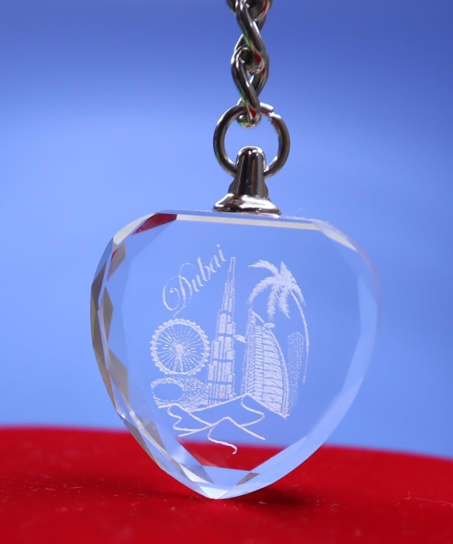 Crystal Glass Paperweight Dubai Abu Dhabi Engraved Souvenirs 3D Model | Office Home Decoration Figurines Art & Collectible with Gift Packing (Heart_3in1_Key_chain)