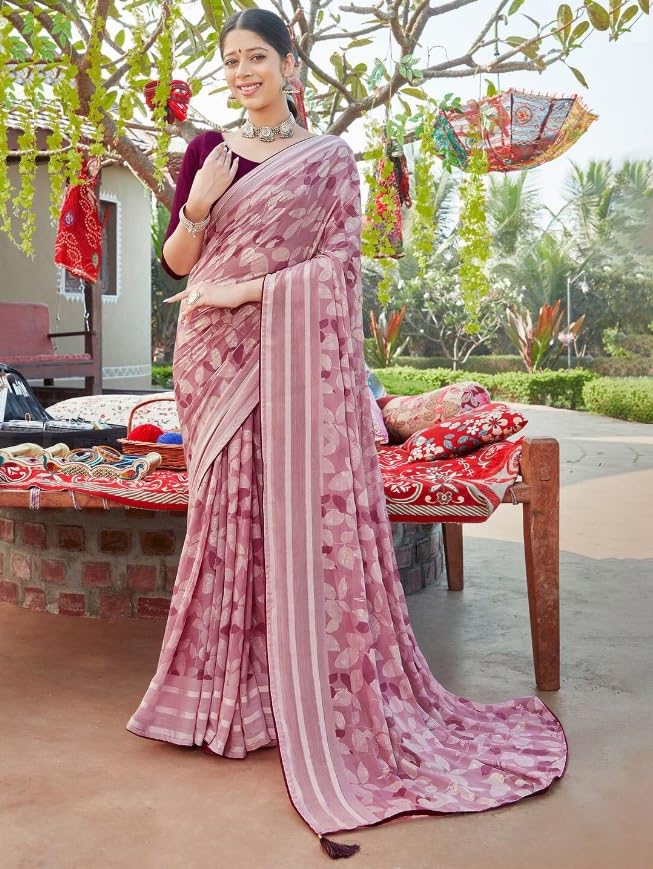 Women Chiffon Saree with Unstitched Blouse Piece | Ladies Traditional Wedding Festival Party Dress