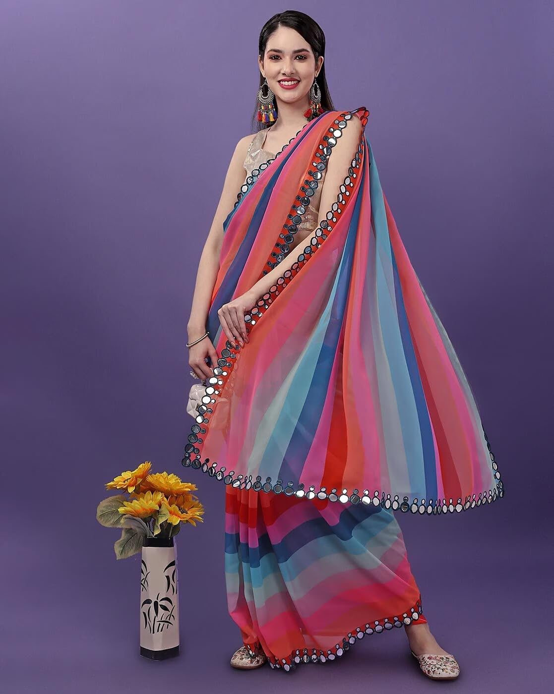 Women Georgette Saree with Unstitched Blouse Piece | Multicolor Traditional Wedding Festival Dress