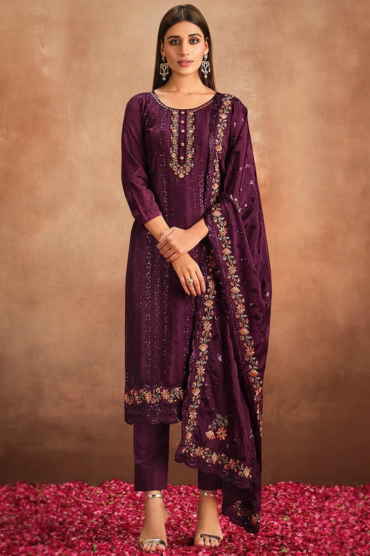 Unstitched Heavy Embroidered Chinnon Salwar Suit | Designer Kurta Trouser Set with Dupatta | Traditional Festival Dress Material