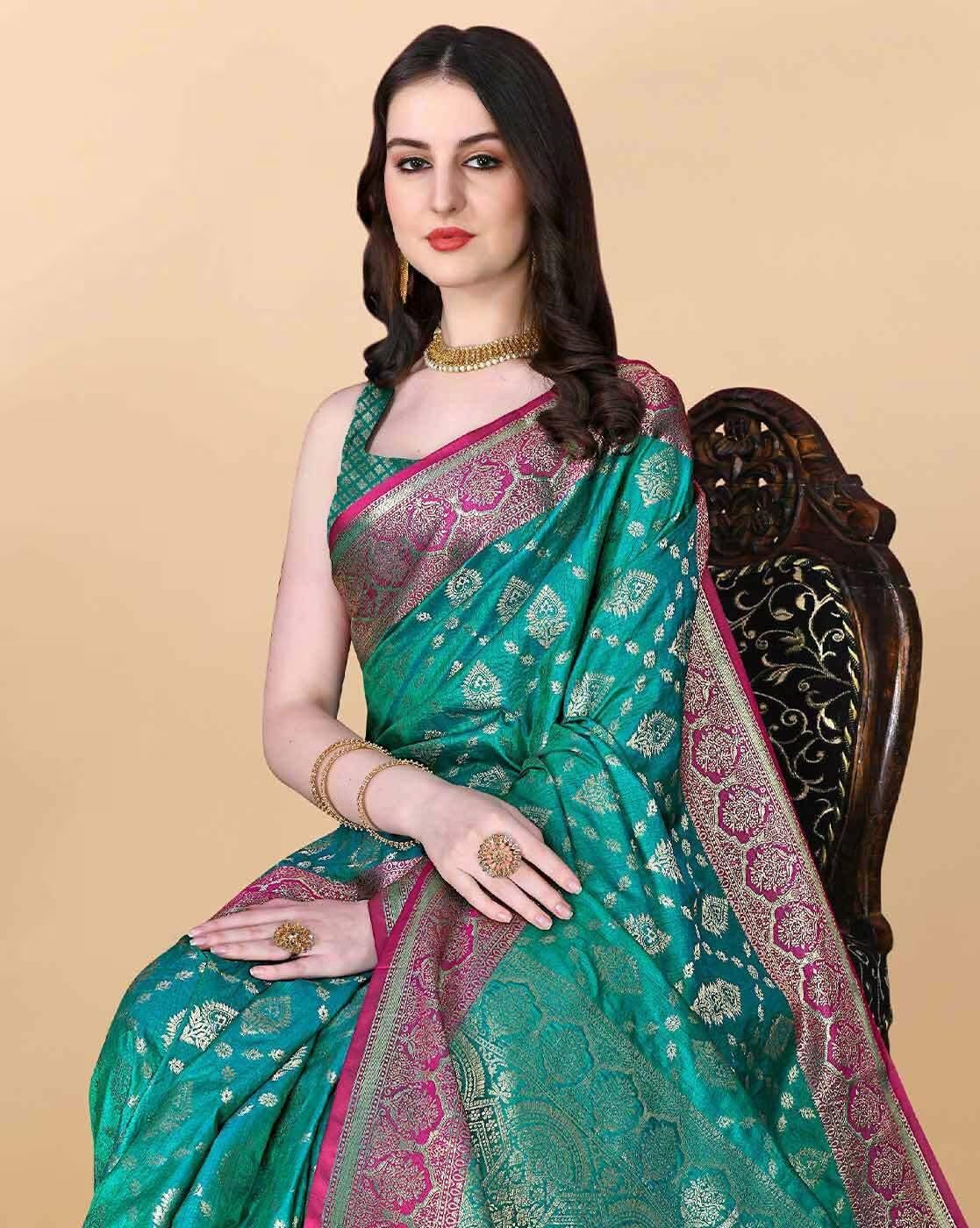 Women Zari Silk Blend Saree with Unstitched Blouse Piece | Ladies Traditional Wedding Festival Party Dress