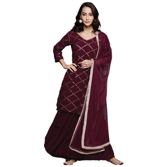 Women Burgundy Kurta and Palazzo Set with Dupatta