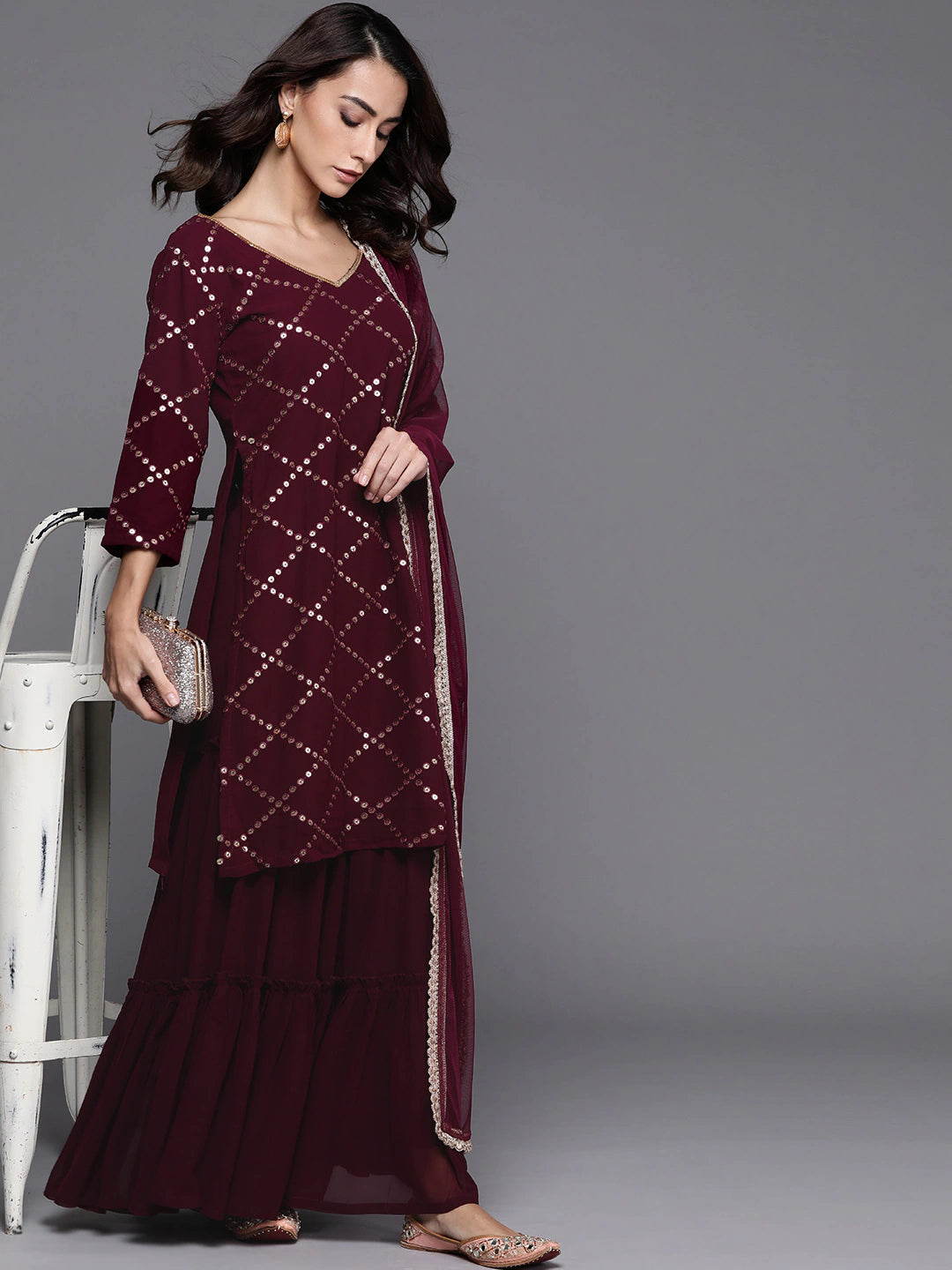 Women Burgundy Kurta and Palazzo Set with Dupatta