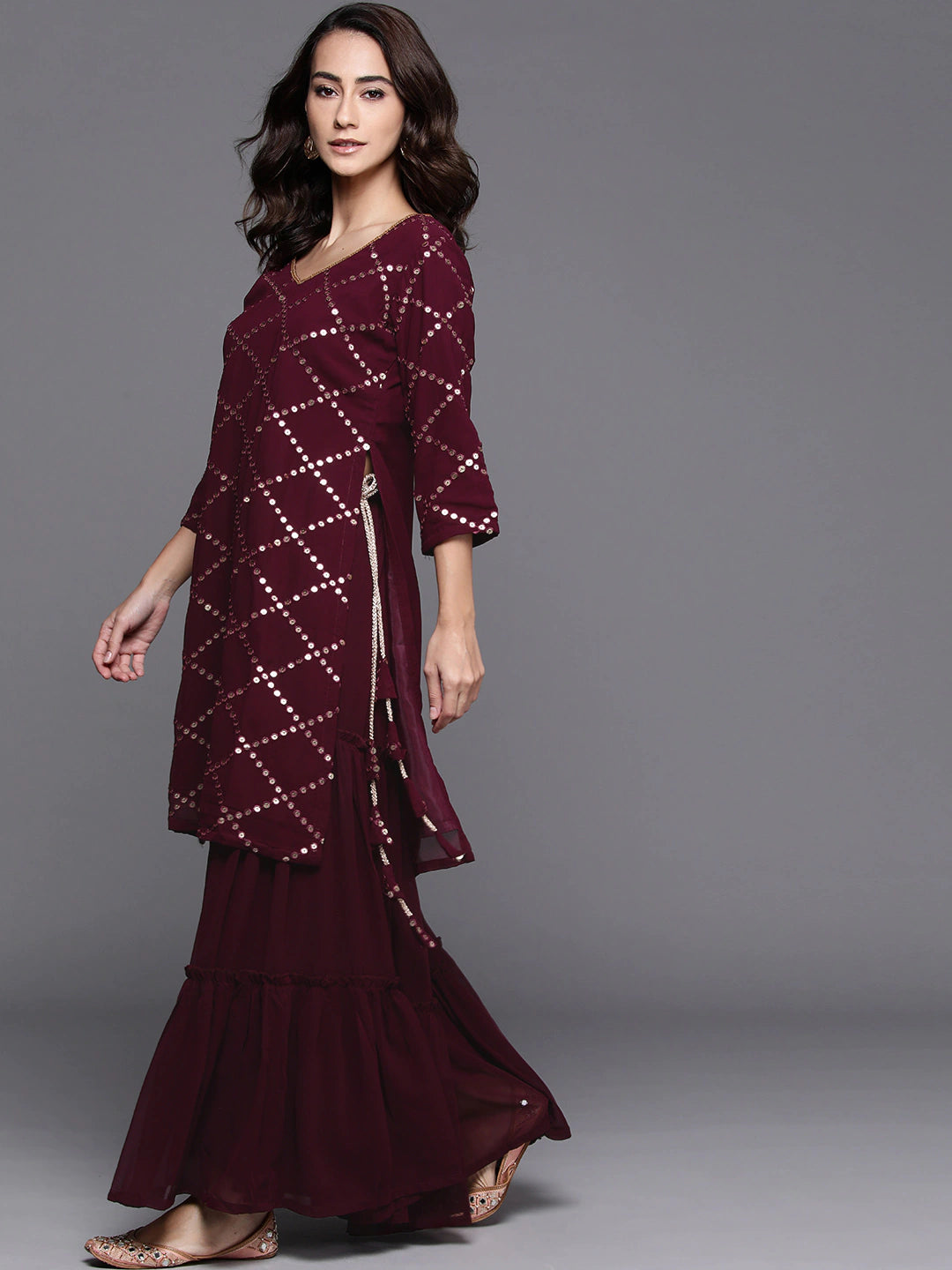 Women Burgundy Kurta and Palazzo Set with Dupatta